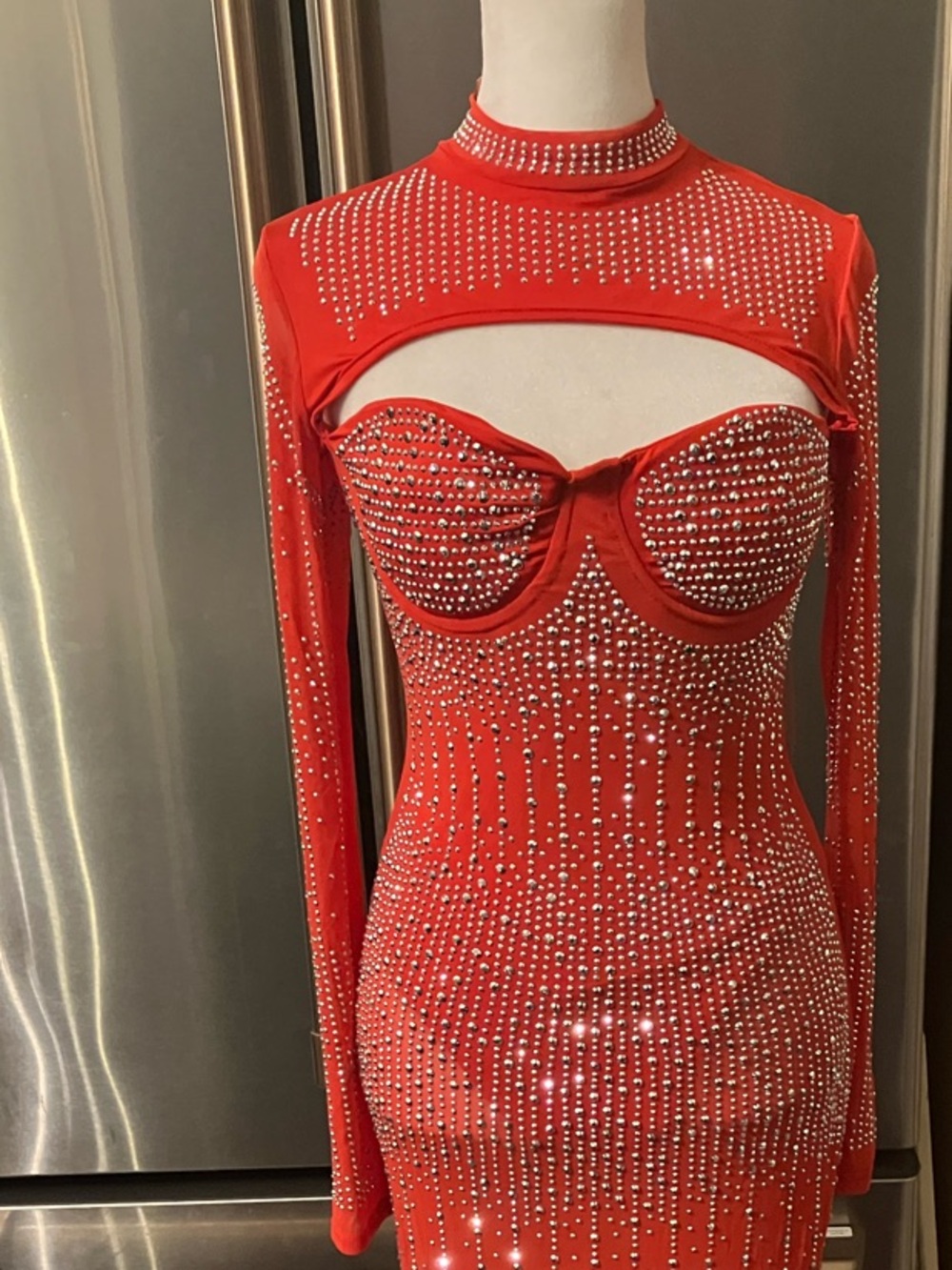 Red Long Sleeve Rhinestone Cutout Bodycon Maxi Dress
